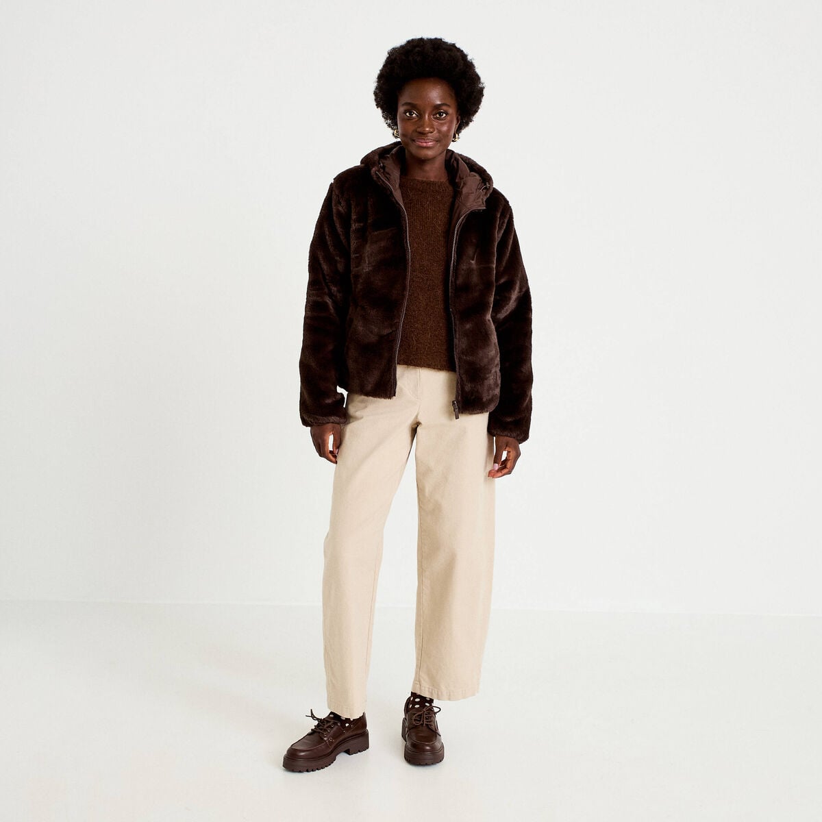 Parka r&eacute;versible &agrave; capuche marron fonc&eacute; femme