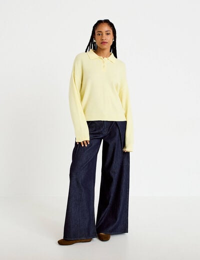 Pull col chemise manches longues jaune clair femme