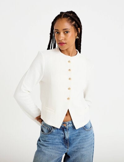 Veste tweed droite cropped col rond ecru femme