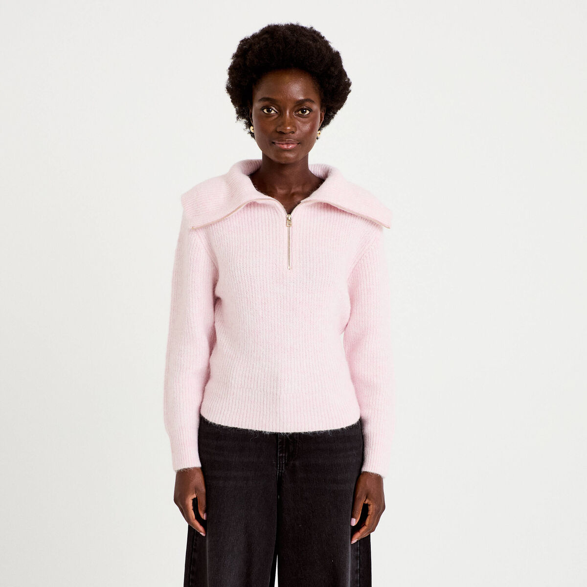 Pull col camionneur manches longues rose clair femme