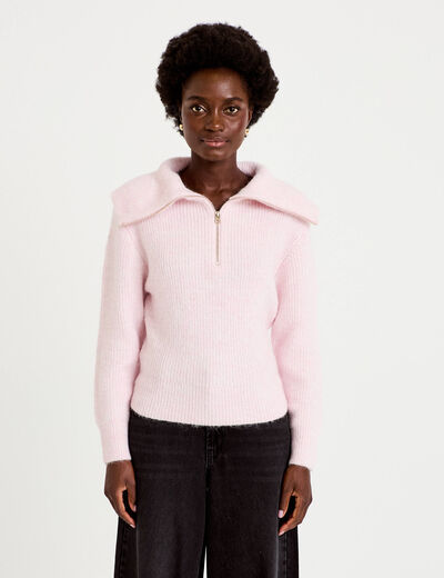 Pull col camionneur manches longues rose clair femme