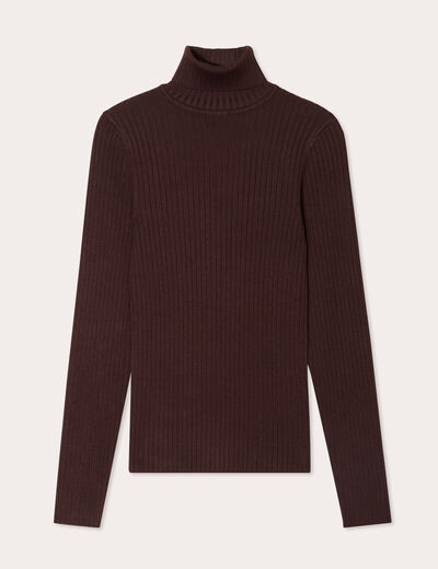 Pull c&ocirc;tel&eacute; col roul&eacute; marron fonc&eacute; femme