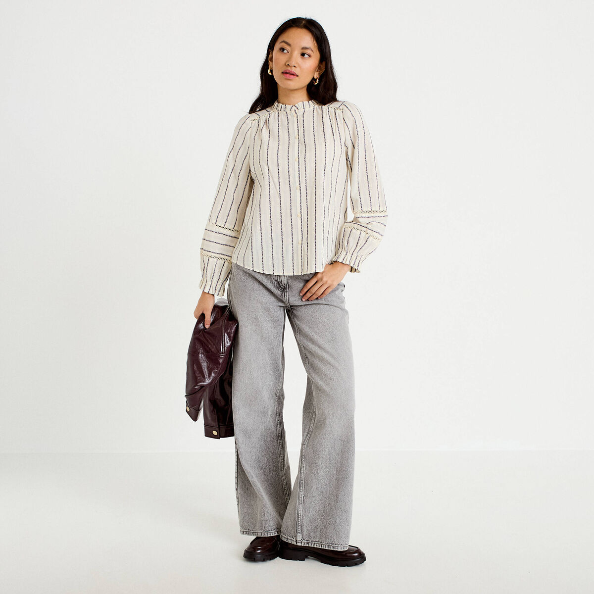 Blouse ajour&eacute;e manches longues blanc femme