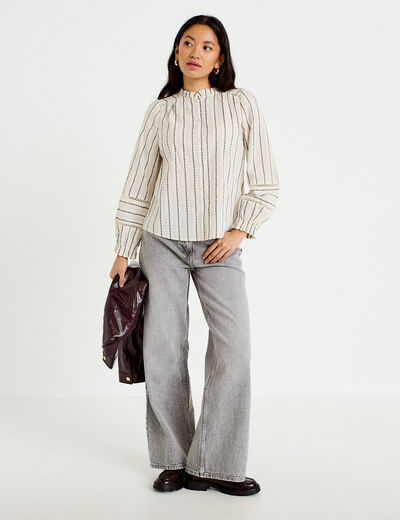Blouse ajour&eacute;e manches longues blanc femme