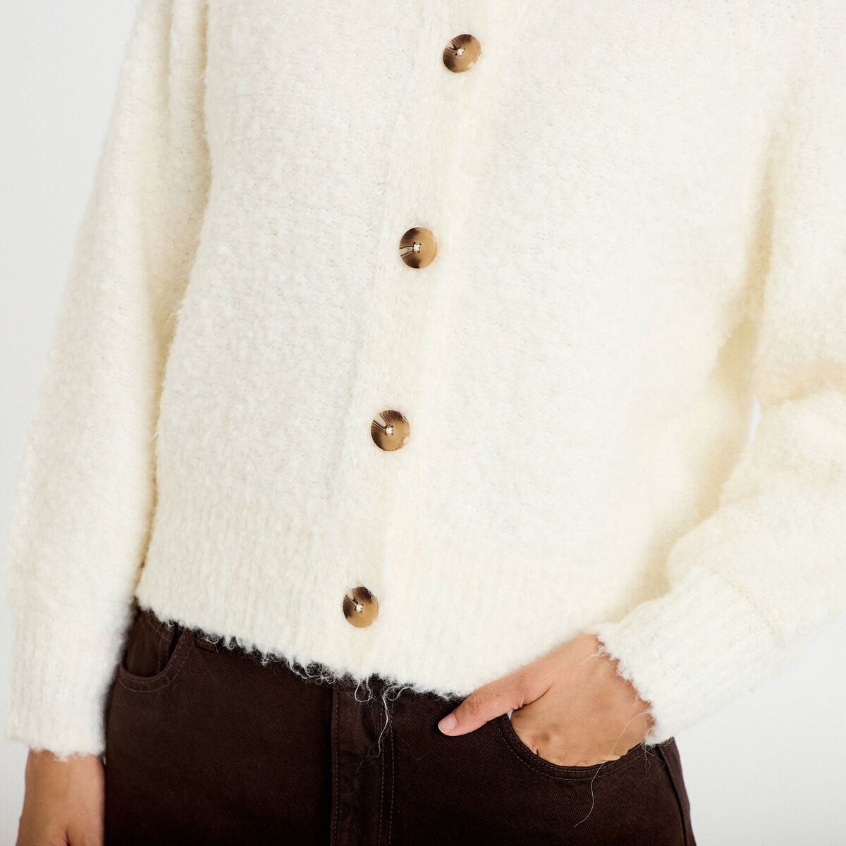 Gilet bouclette col rond manches longues ivoire femme