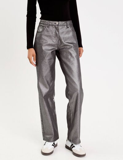 Pantalon droit enduit gris argent femme