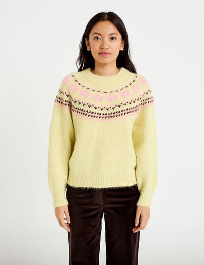 Pull col rond manches longues jaune clair femme