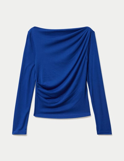 T-shirt col b&eacute;nitier manches longues bleu electrique femme