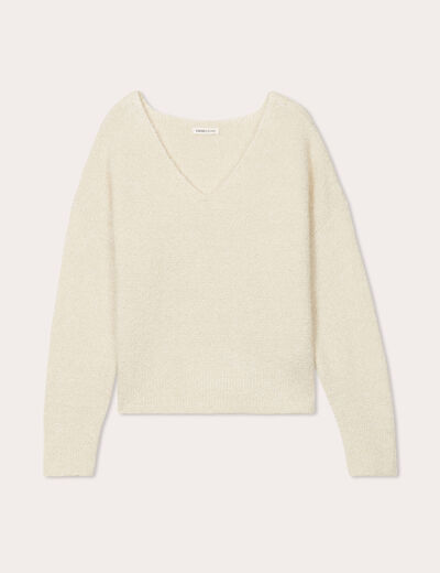 Pull manches longues col en V ecru femme
