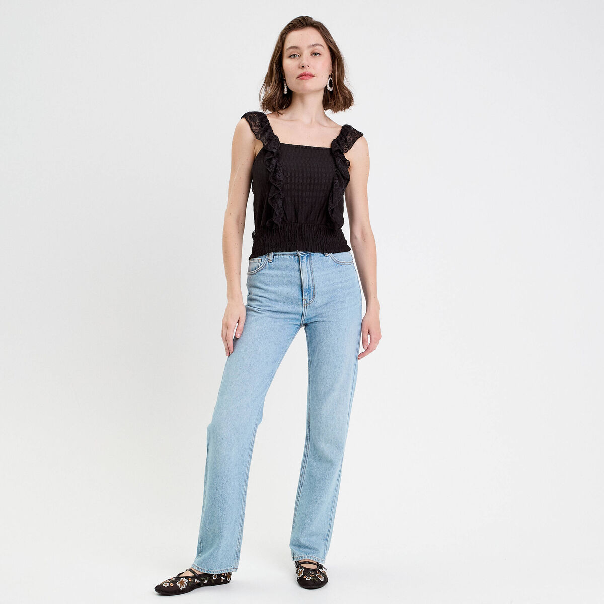 Top sans manches dentelle bas resserr&eacute; noir femme