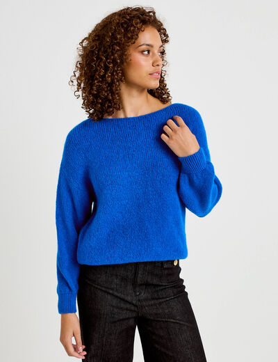 Pull ample col bateau manches longues bleu electrique femme