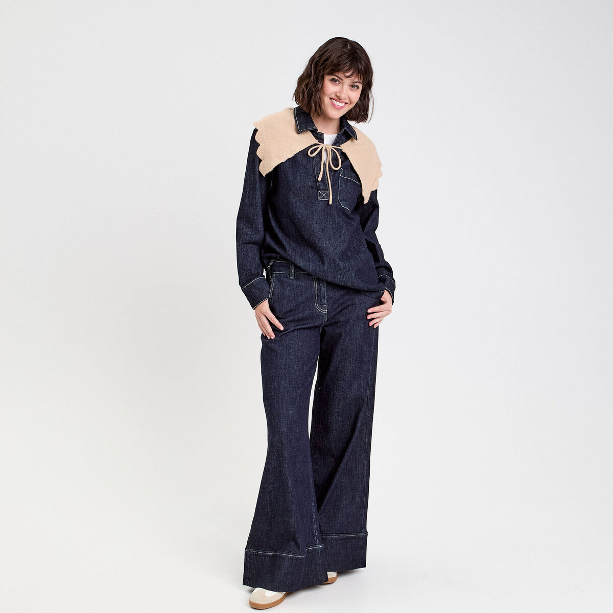 Blouse col chemise manches longues denim brut femme