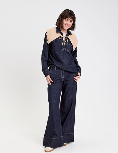 Blouse col chemise manches longues denim brut femme
