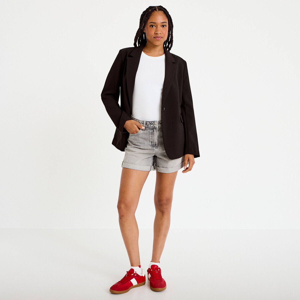 Short mom taille haute en jean denim gris femme