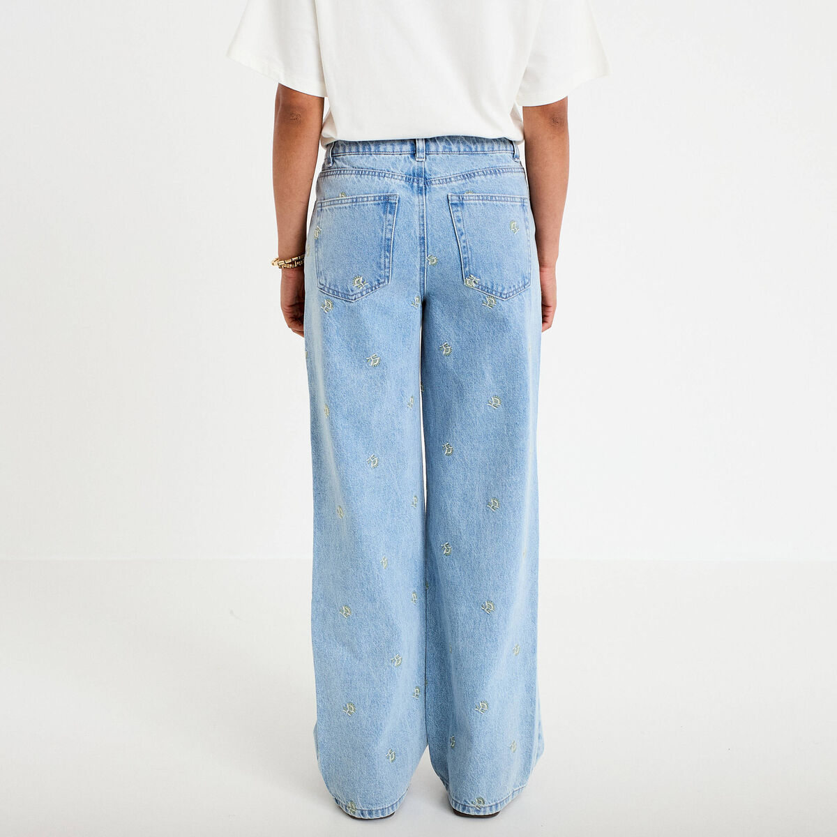 Jean wide leg broderie taille haute bleu femme
