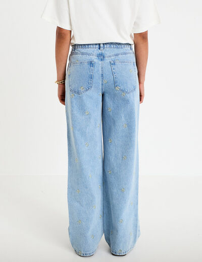 Jean wide leg broderie taille haute bleu femme