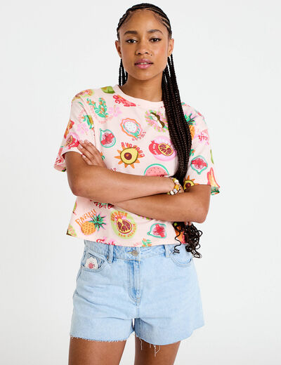 T-shirt droit cropped manches courtes beige femme
