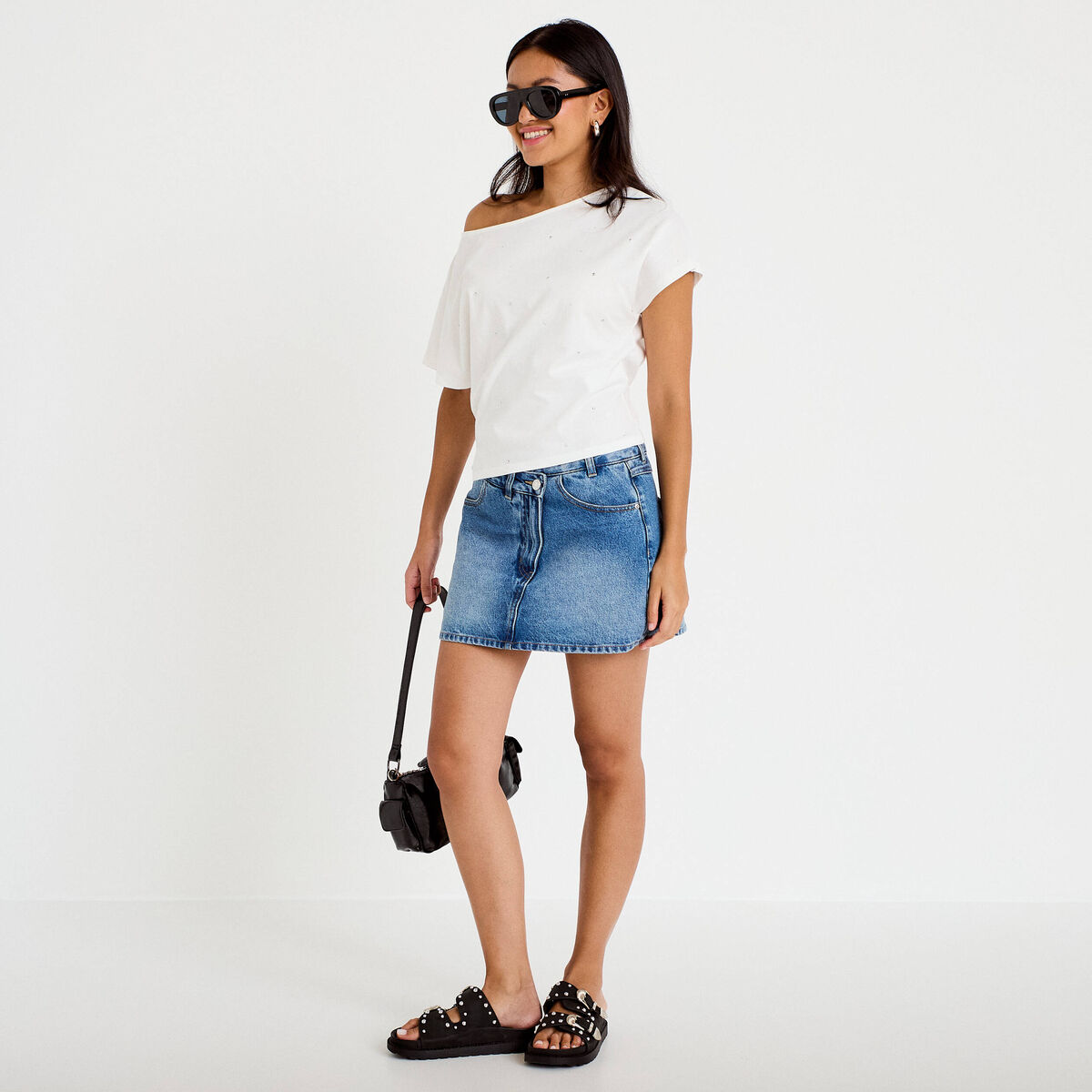 T-shirt col bateau manches courtes ecru femme