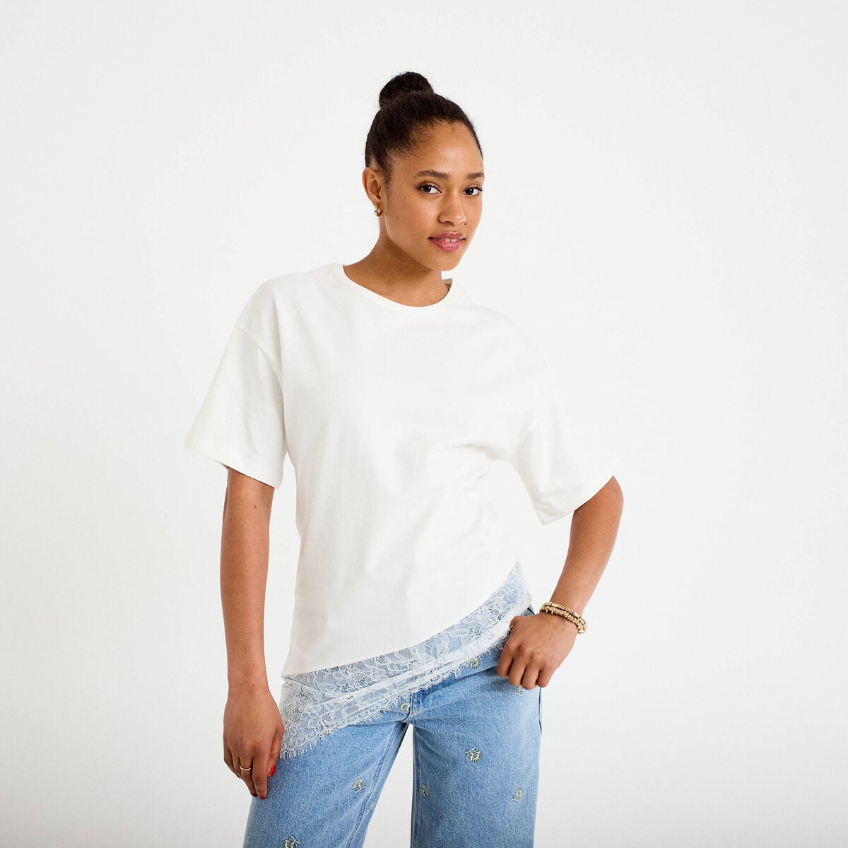T-shirt oversize longue dentelle ecru femme