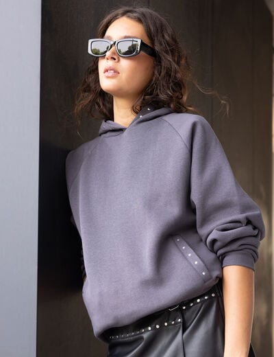 Sweat oversize &agrave; capuche manches longues gris fonc&eacute; femme