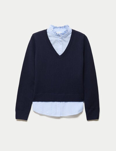 Pull 2-en-1 chemise bleu marine femme