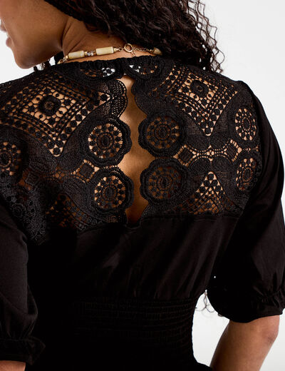 Blouse manches courtes smock&eacute;e noir femme