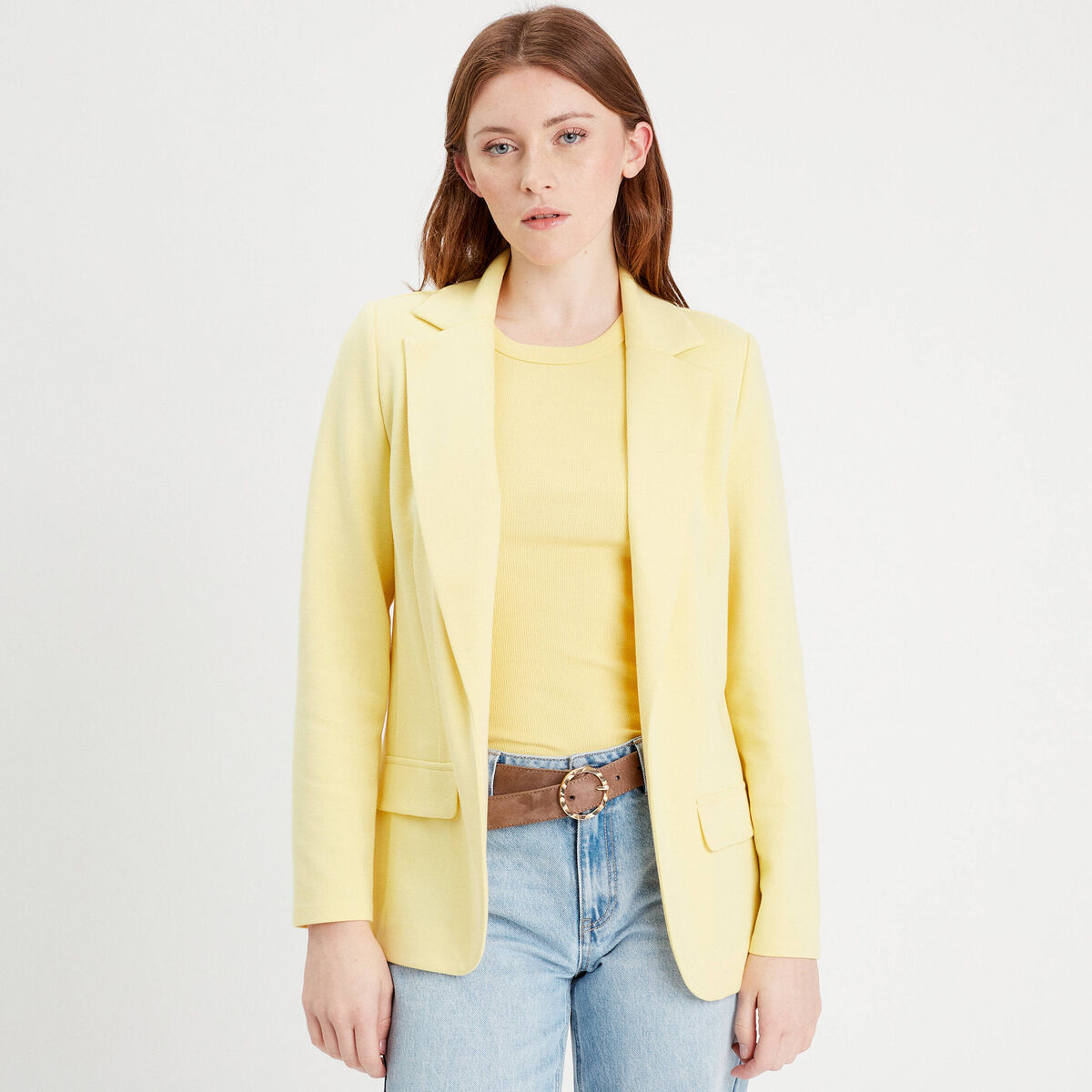 Veste blazer cintr&eacute;e jaune clair femme