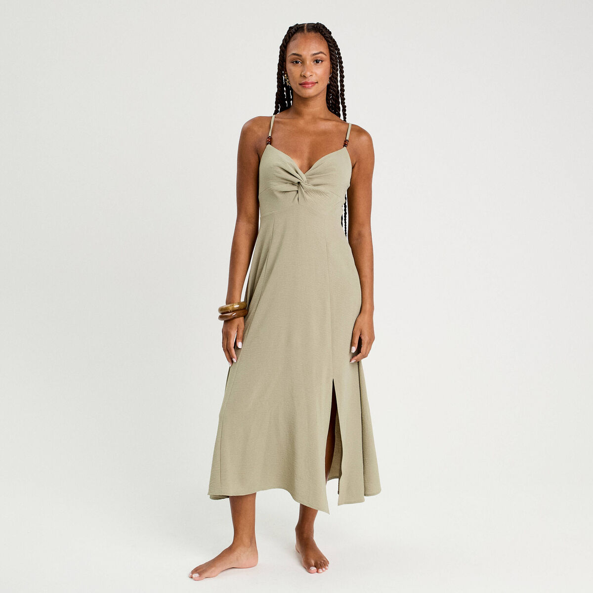 Robe longue &eacute;vas&eacute;e fendue vert kaki femme