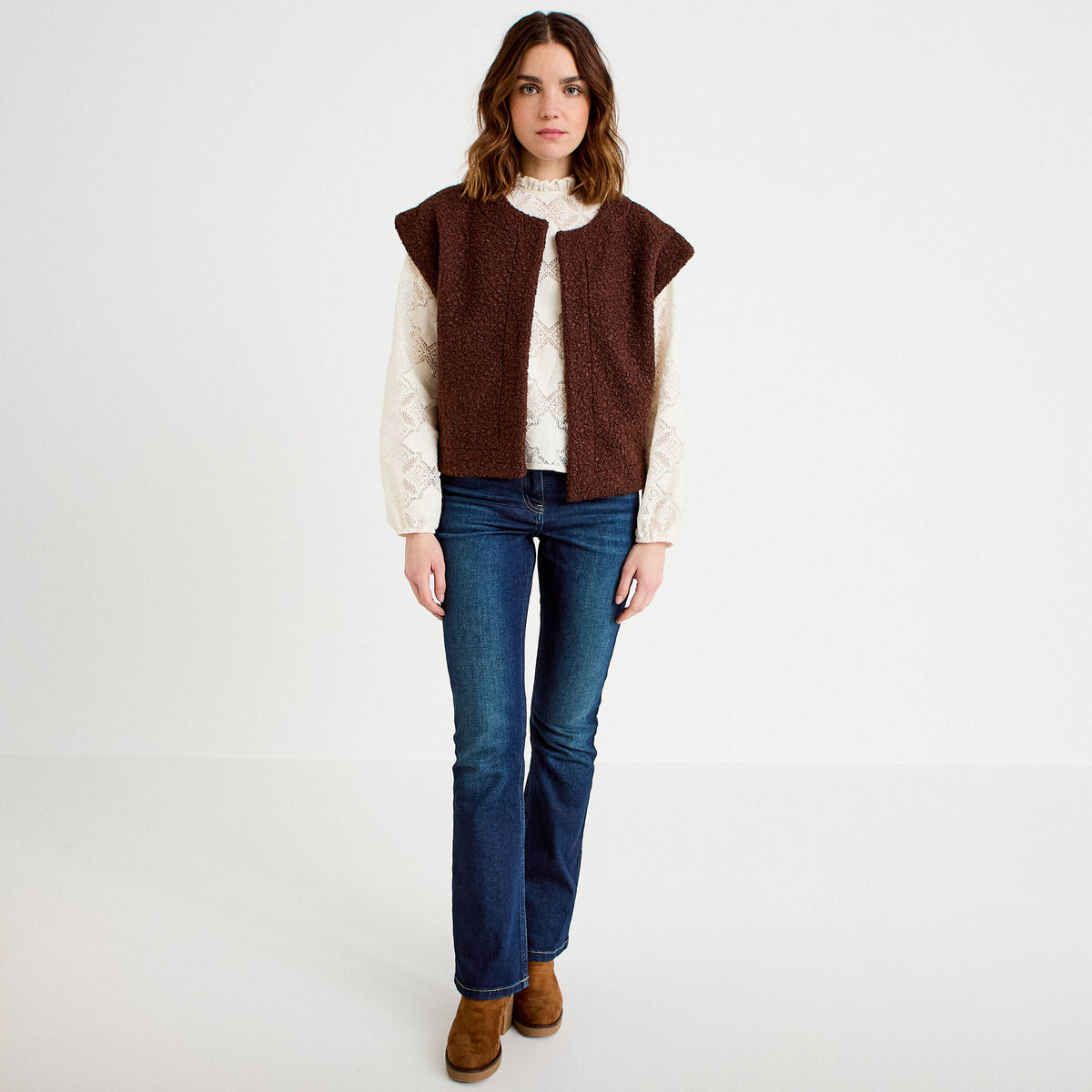 Gilet sans manches effet polaire marron fonc&eacute; femme