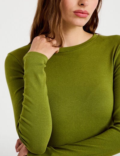 T-shirt cintr&eacute; col rond manches longues vert fonc&eacute; femme