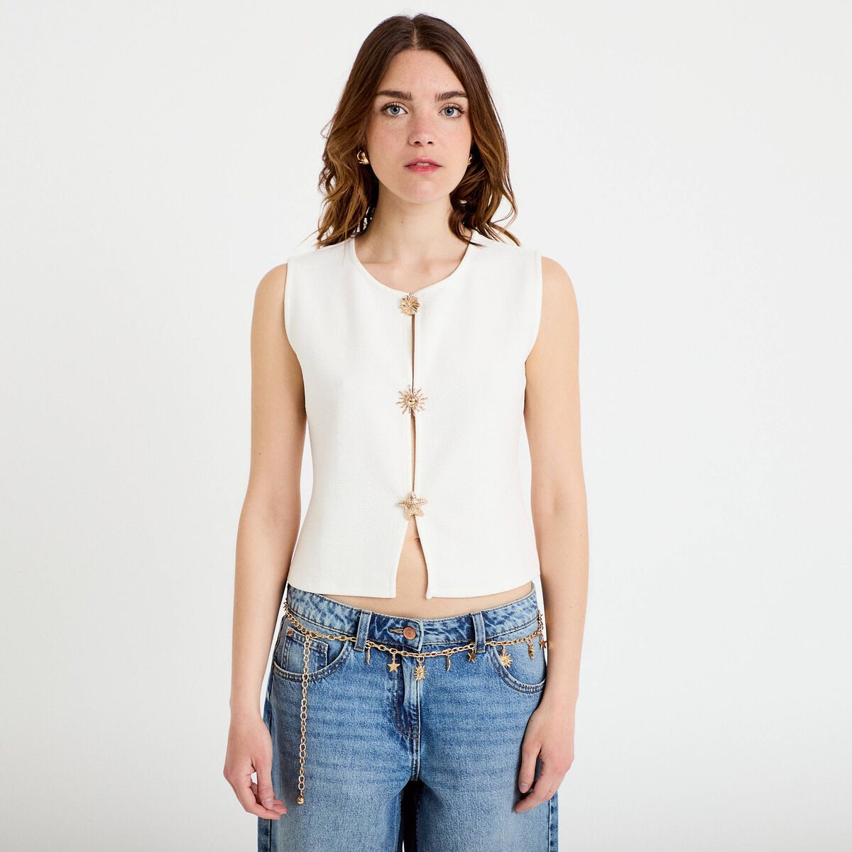 Gilet sans manches col rond ecru femme