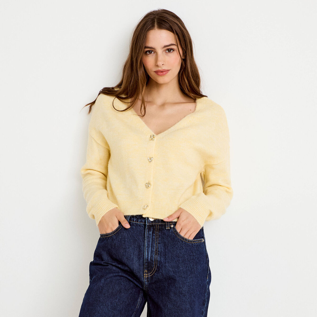 Gilet col v manches longues jaune clair femme
