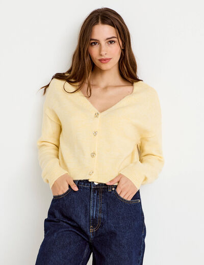 Gilet col v manches longues jaune clair femme