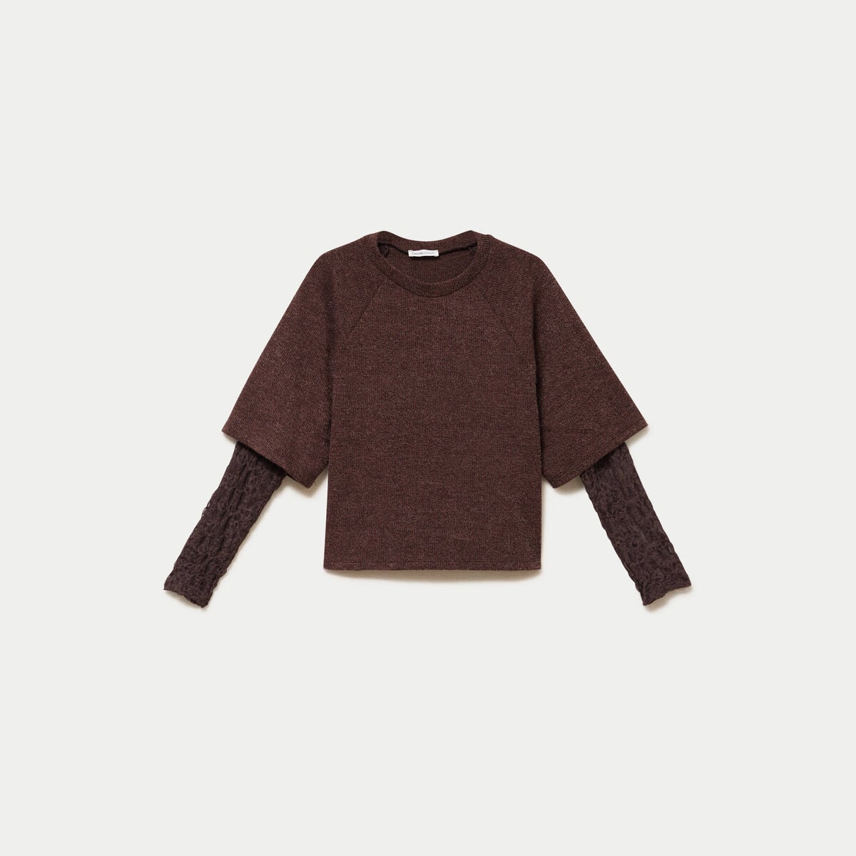 Top bi-mati&egrave;re dentelle col rond marron fonc&eacute; femme