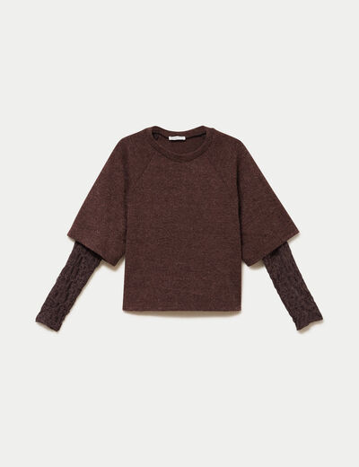 Top bi-mati&egrave;re dentelle col rond marron fonc&eacute; femme