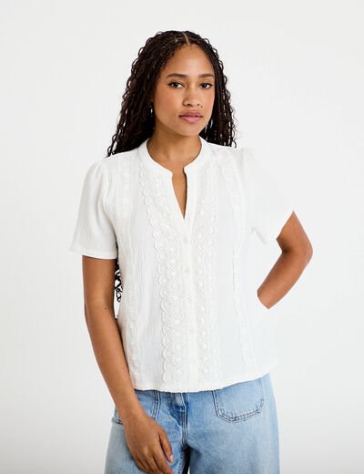 Blouse plastron brod&eacute; manches courtes ecru femme