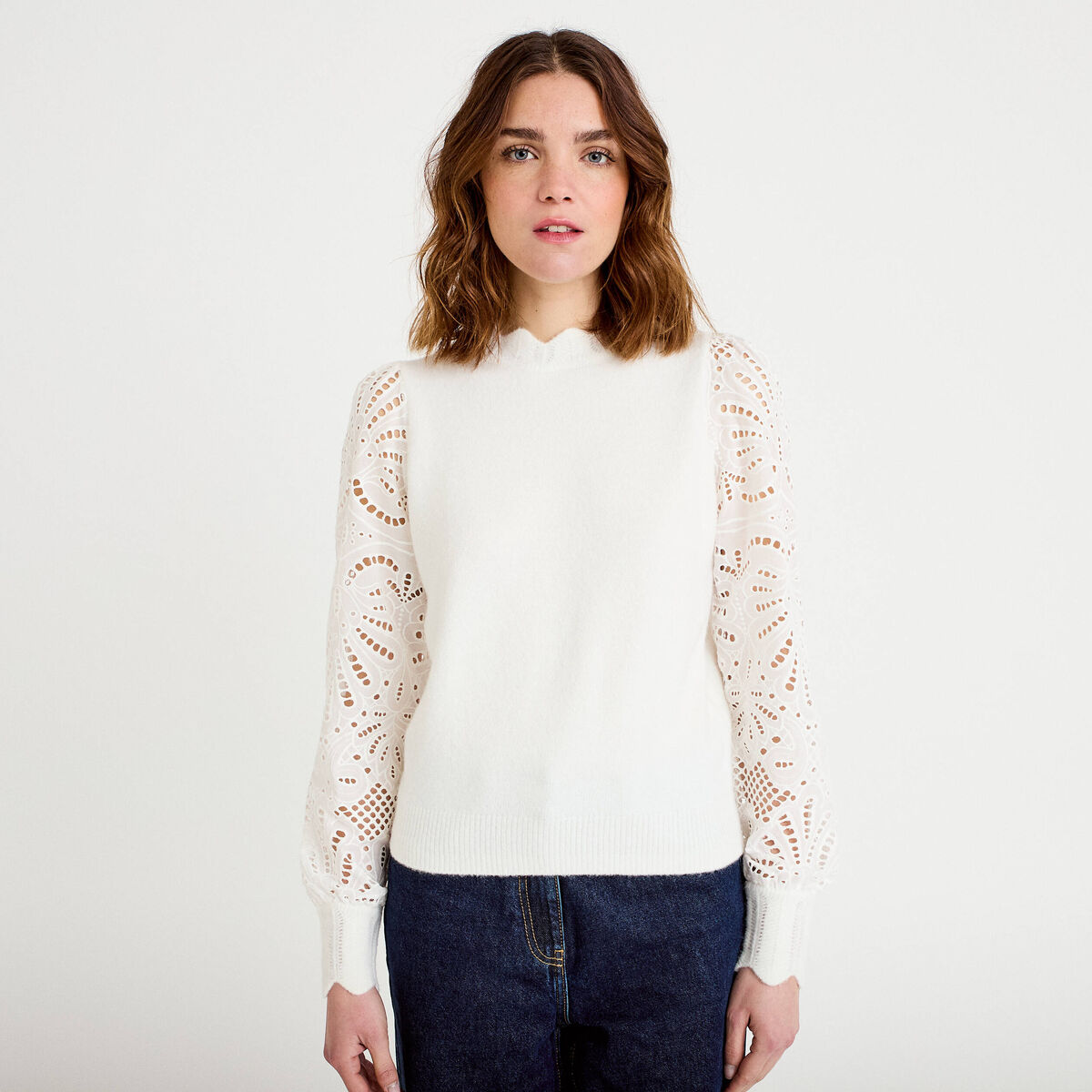 Pull manches ajour&eacute;es ecru femme