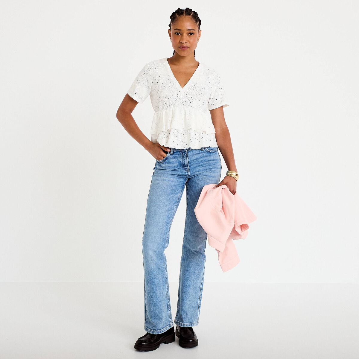 Blouse d&eacute;collet&eacute; manches courtes ecru femme
