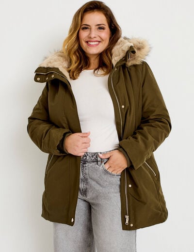 Parka &agrave; capuche fausse fourrure vert kaki femme