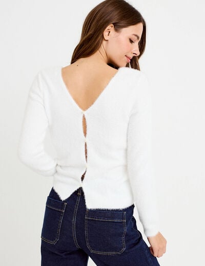 Pull col v manches longues ecru femme