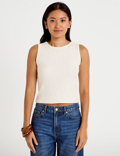 Top pliss&eacute; col rond manches courtes ecru femme