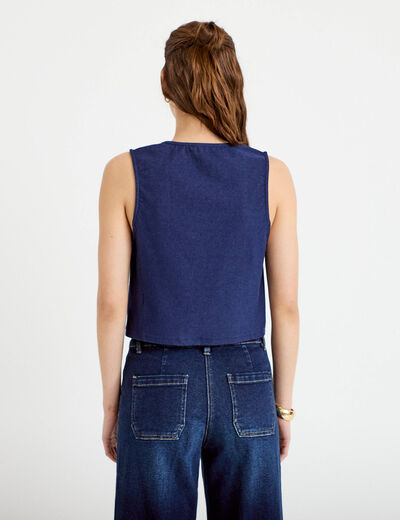 Gilet jean cintr&eacute; cropped sans manches denim brut femme
