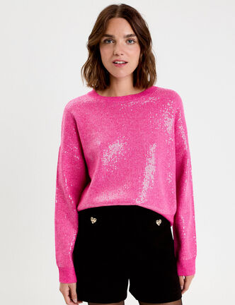 Pull manches longues avec sequins rose fushia femme