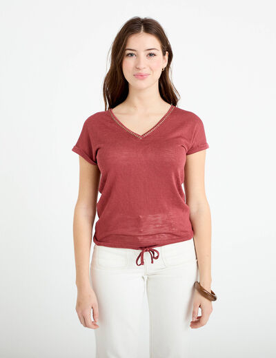 T-shirt d&eacute;tail noeud vieux rose femme