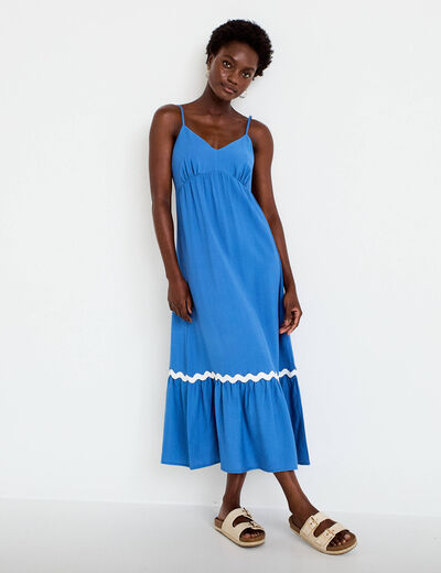 Robe longue &eacute;vas&eacute;e col v cr&ecirc;pe bleu fonc&eacute; femme