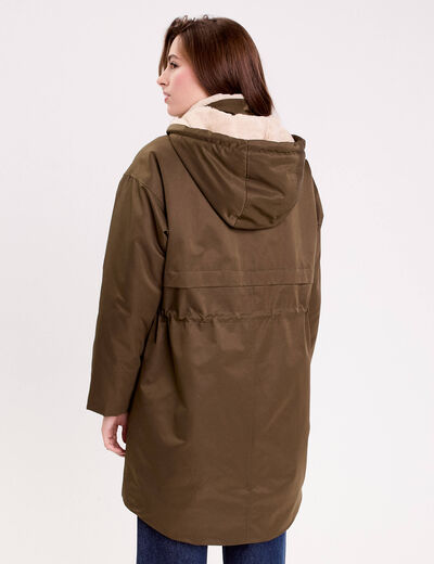 Parka droite mi-longue &agrave; capuche vert kaki femme