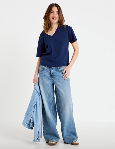 T-shirt col v manches courtes bleu fonc&eacute; femme