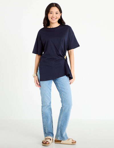T-shirt &agrave; fronces avec bijou bleu marine femme