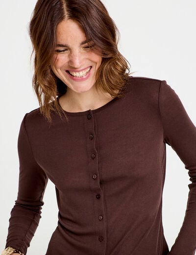 Gilet ajust&eacute; col rond manches longues marron fonc&eacute; femme