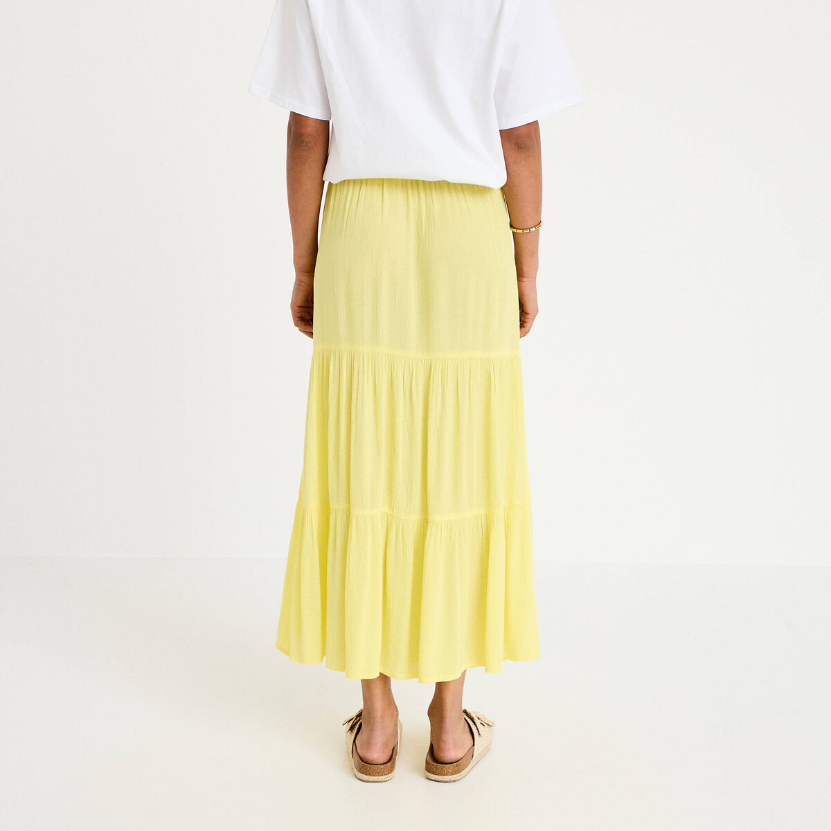 Jupe longue pliss&eacute;e &eacute;vas&eacute;e jaune pastel femme